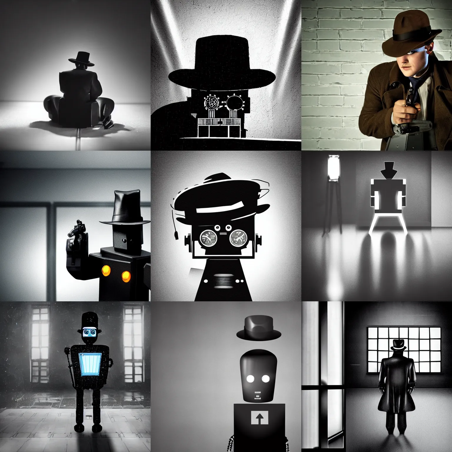 Image similar to Robot detective with hat and trenchcoat sitting in a dimly lit room, atmospherics, film noir