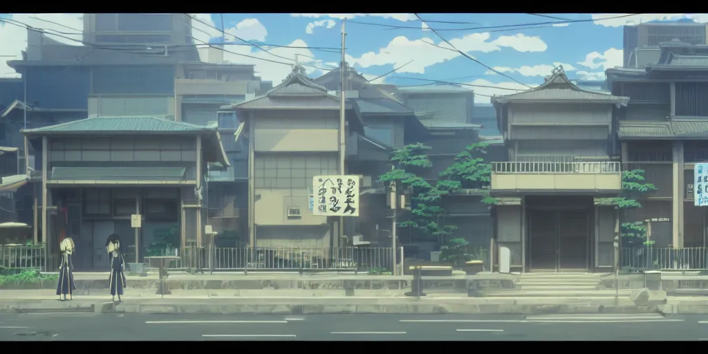 Prompt: close up front view of a japanese building facade with signs on it, a screenshot from the anime film by Makoto Shinkai, global illumination