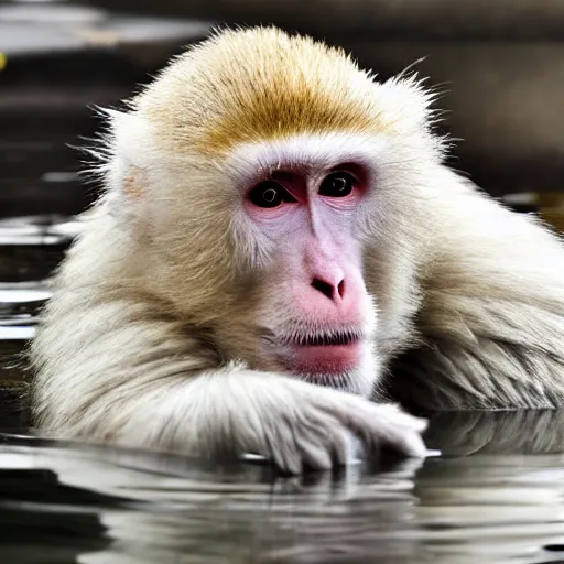 Image similar to Japanese white macaque in a hot pool, award winning photography, cinematic, steam rising off the water