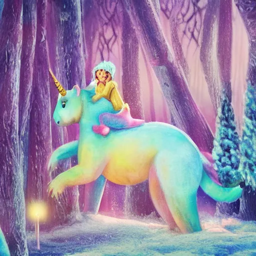 Image similar to pink and blue unicorn, koala riding on unicorn's back, koala stretches arms wide, hyper realistic style, winter forest with snow, dramatic lighting, one large yellow flower, 4k