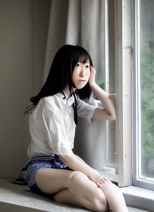 Prompt: photography girl looking sitting next to window by hisako ayanami