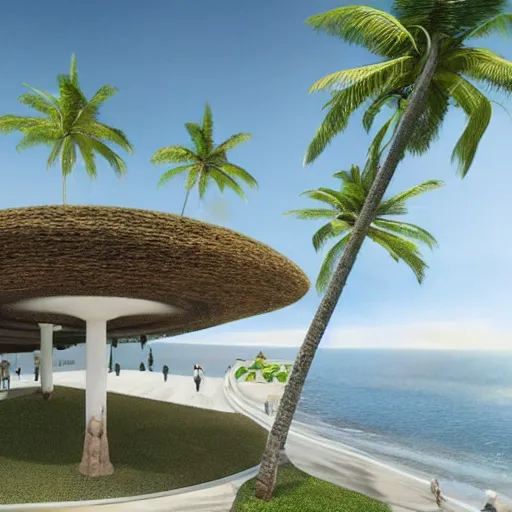 Image similar to architectural renderings, a seaside visitor center consisting of three mushroom - shaped buildings on the blue sea with tall coconut trees ， detailed