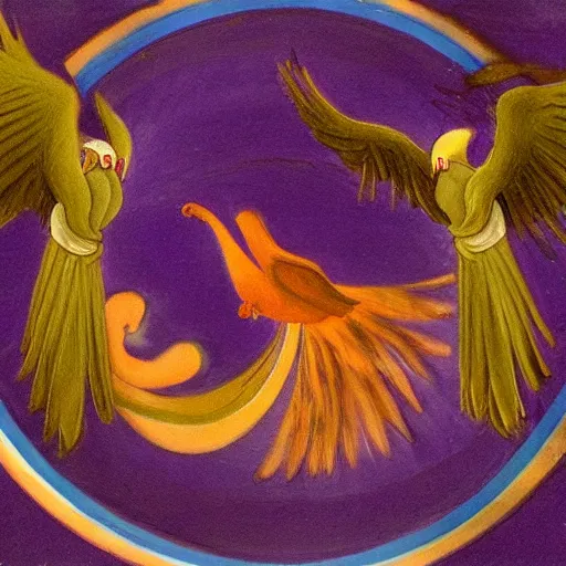 Image similar to a pidgeon and a pheonix flying in a circular symbol in the style of a renaissance painting in purple and gold