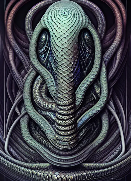 Image similar to cosmic lovecraft giger fractal snake portrait, pixar style, by tristan eaton stanley artgerm and tom bagshaw.