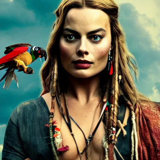 Prompt: margot robbie as jack sparrow with a parrot on the shoulder, realistic portrait, 8k resolution, hyper detailed, studio lighting, cinematic