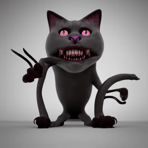 Image similar to 3d render cinematic A terror Cat created by Tim Burton, blender, pixar