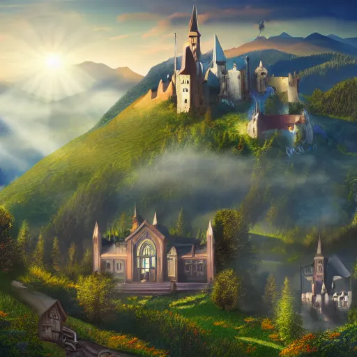 Prompt: magical academy on a mountain, town below, mist, mystical, happy, sunshine, realistic, by bagshaw, tom