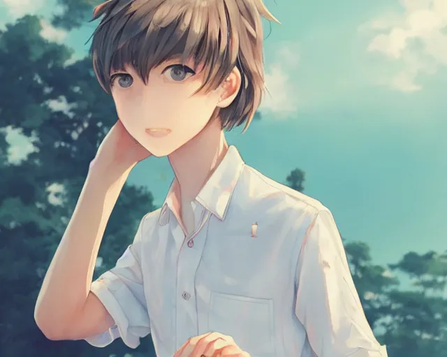 Image similar to teen looking at blue sky, wearing white shirt, cool pose, sharp details, sharp focus, detailed face, illustration, by pine ( ハイネ ) and 薯 子 imoko and 香 川 悠 作 and wlop and maya takamura, highly detailed, trending artstation, pixiv, digital art