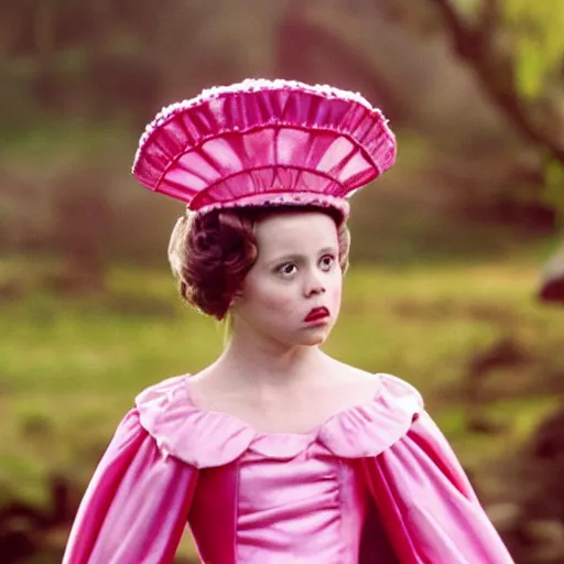 Image similar to an infallible princess wearing a pink dress and cone shaped hat, high resolution film still, live-action film by Tim Burton and Simon Langton