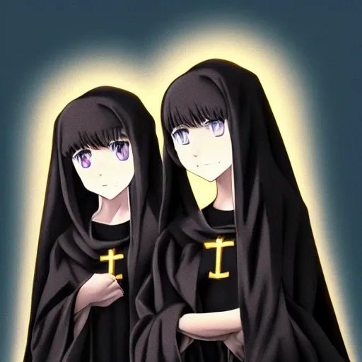 Image similar to two identical beautiful female nuns standing across from each other, dusky, clean detailed anime art
