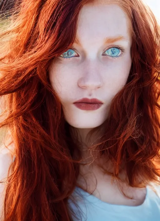 Prompt: close up portrait photograph of a thin young redhead woman with russian descent, sunbathed skin, with deep blue eyes. wavy long maroon colored hair. she looks directly at the camera. slightly open mouth, face takes up half of the photo. a park visible in the background. 5 5 mm nikon. intricate. detailed 8 k. cinematic postprocessing. award winning. luis royo.