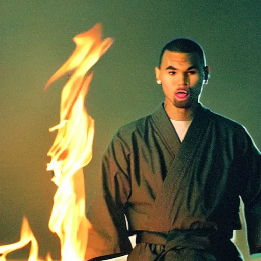Image similar to cinematic film still of Chris Brown starring as a Japanese Sensei with fire, Japanese CGI, VFX, 2003, 40mm lens, shallow depth of field, film photography