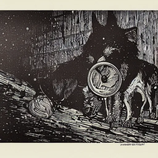 Prompt: blue woodcut print cartoon, hills science diet dog food at midnight by greg rutkowski, fine details, highly detailed