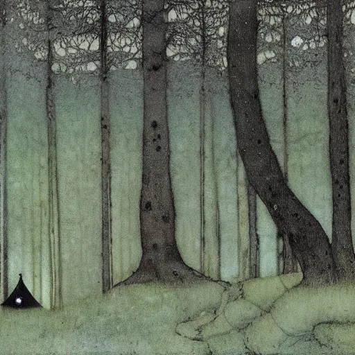 Prompt: lone person in the dark forest, trolls, painting by john bauer