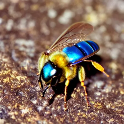 Image similar to a glowing blue metal honey bee, shiny