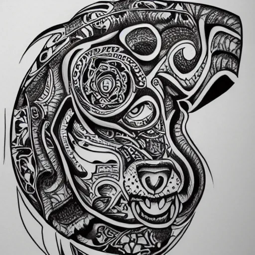 Prompt: jaguar head tattoodesign, sacred geometry, symmetrical, frontview, black and white, white background. very detailed ink drawing, fine lineart, extremely detailed