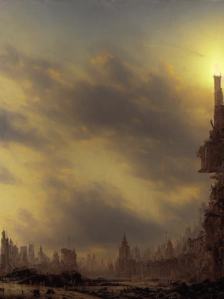 Image similar to post apocalyptic city by ivan shishkin and aivazovsky, oil on canvas, highly detailed, masterpiece