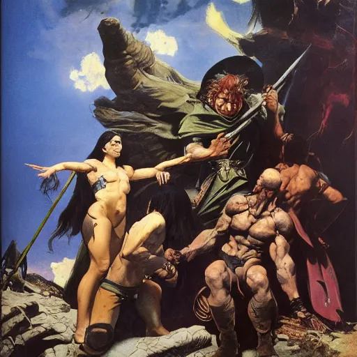 Image similar to baleful falso oath revelations Hesekiel, in the style of Frank Frazetta, Jeff Easley, Caravaggio, extremely clear faces coherent, clear lines, 8K revolution