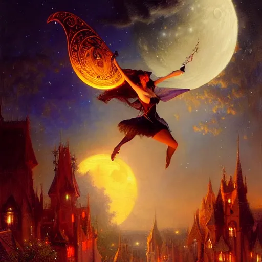 Image similar to attractive witch magically flying trough the night, fantasy, full moon in background. highly detailed painting by gaston bussiere, craig mullins, j. c. leyendecker 8 k