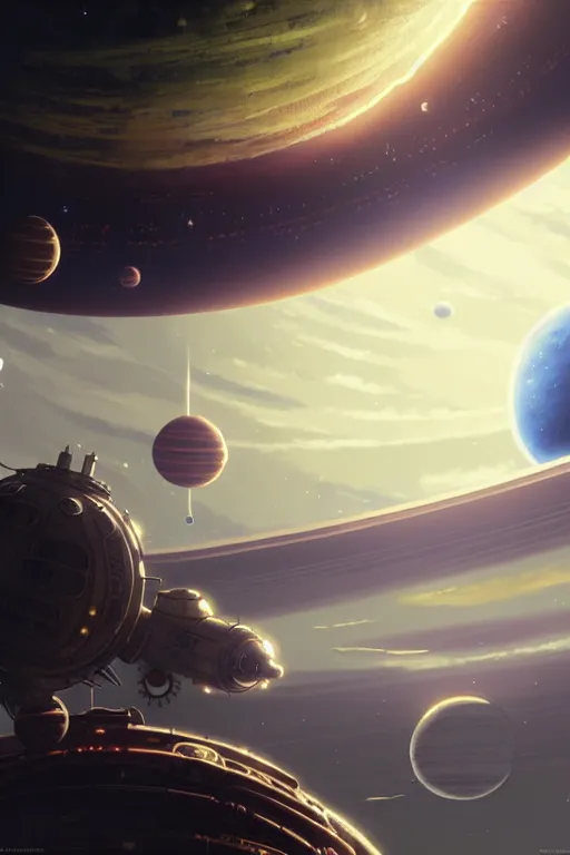 Image similar to steampunk spaceship infront of a planet, exquisite details, denoised, mid view, by karl kopinski, artsation, greg rutkowski, makoto shinkai, takashi takeuchi, studio ghibli