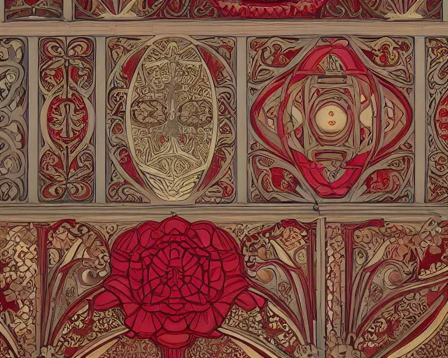 Image similar to symmetrical mural painting from the early 1 9 0 0 s in the style of art nouveau, red curtains, art nouveau design elements, art nouveau ornament, scrolls, flowers, flower petals, rose, opera house architectural elements, mucha, masonic symbols, masonic lodge, joseph maria olbrich, simple, iconic, masonic art, masterpiece