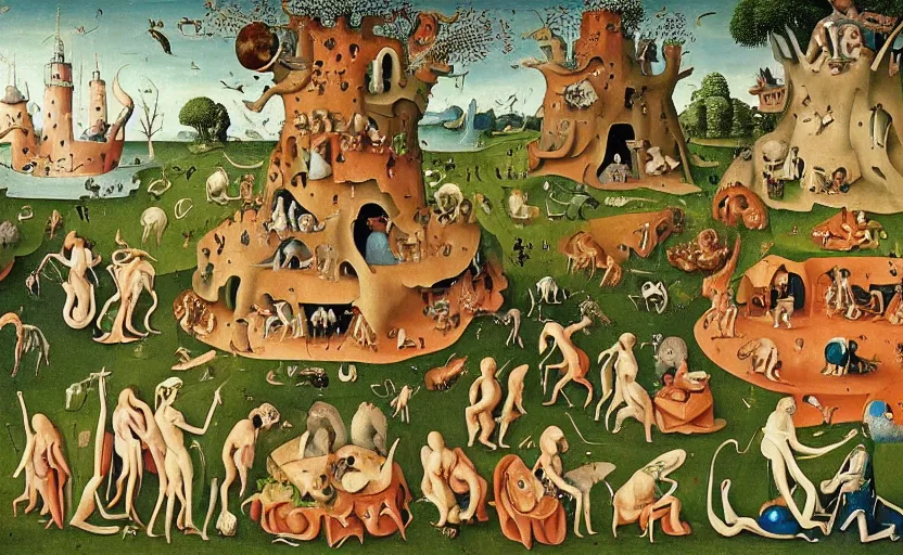 Image similar to Extremely detailed, intricate painting in style of Hieronim Bosch showing a symbiosis of Humans and nature.