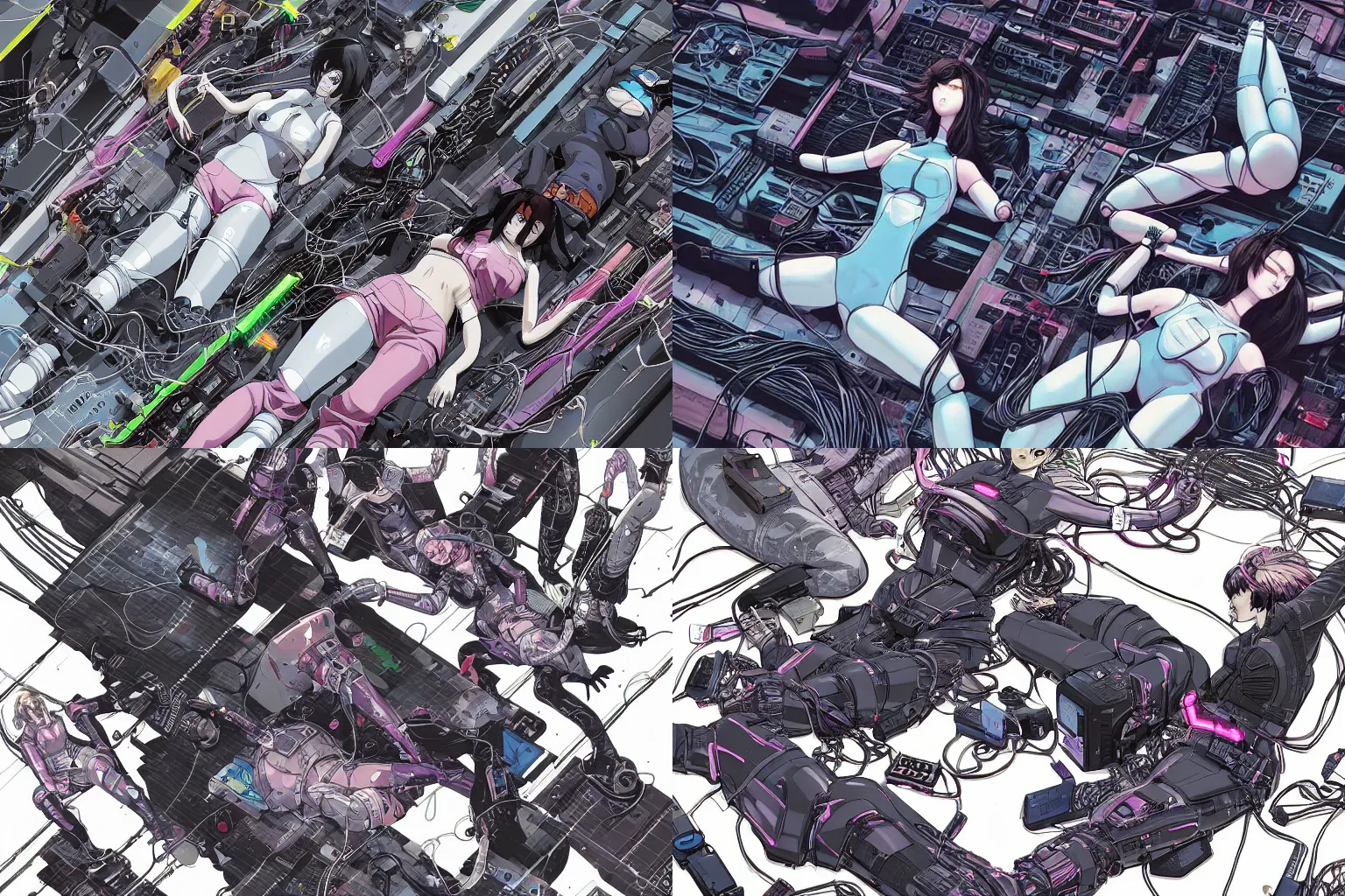 Prompt: a cyberpunk illustration of a group of three female androids in style of masamune shirow, lying on an empty, white floor with their bodies broken scattered rotated in different poses and cables and wires coming out, by yukito kishiro and katsuhiro otomo, hyper-detailed, intricate, view from above