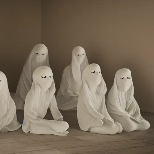 Prompt: ceramic sculptures, soft 3d render, diffused lighting, ghostly casper the ghost meeting in the basement with a group of girls doing a seance, artwork by shary boyle