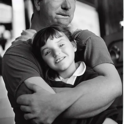 Prompt: 8 year old white girl being hugged by her dad, argus argoflex ef camera, f 1 8 7 5 mm lens, 1 9 4 2