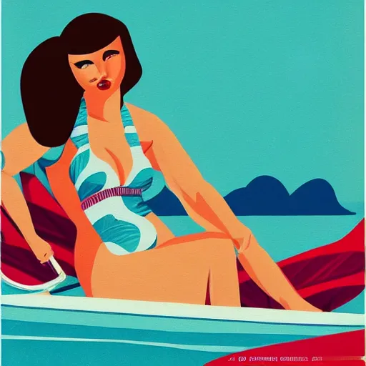 Image similar to a painting of a woman in a bathing suit sitting on a boat, an art deco painting by tom whalen, trending on behance, art deco, digital illustration, storybook illustration, art deco