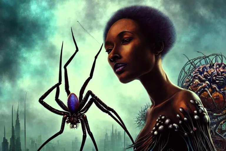 Image similar to realistic detailed closeup portrait movie shot of a beautiful black woman riding a giant spider, dystopian city landscape background by denis villeneuve, amano, yves tanguy, alphonse mucha, max ernst, ernst haeckel, edward robert hughes, roger dean, cyber necklace, rich moody colours, sci fi patterns, wide angle