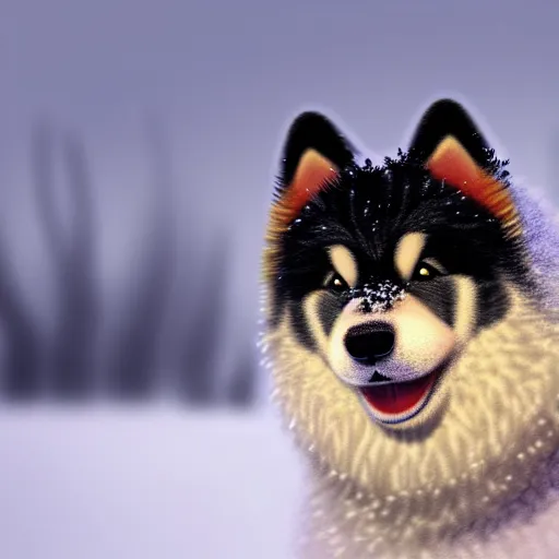 Prompt: happy finnish lapphund dog, black brown white fur, snow, trees, stream of water, pixar, disney, 4 k, animation