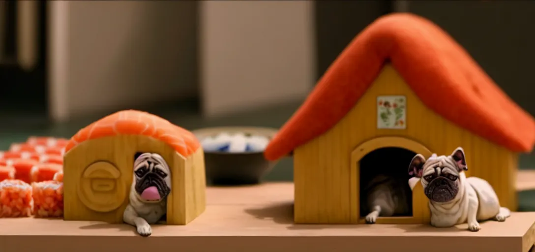 Image similar to a very high resolution image from a new movie. a dog house made of sushi. close up. 2 0 0 mm, dof, photorealistic, photography, directed by wes anderson