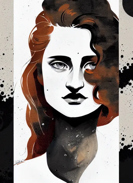 Image similar to highly detailed closeup portrait of beautiful moody grace gummer as dom dipierro, wavy ginger hair, by atey ghailan, by greg rutkowski, by greg tocchini, by james gilleard, by joe fenton, by kaethe butcher, gradient orange, black and white color scheme, grunge aesthetic!!! ( ( graffiti tag wall background ) )