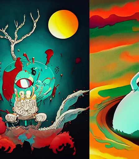 Image similar to Love Craftian Studio Ghibli by Alex Pardee and Nekro and Petros Afshar, and James McDermott,unstirred paint, vivid color, cgsociety 4K