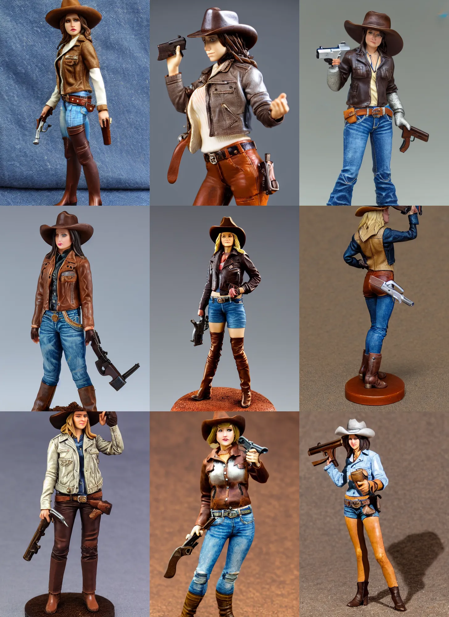 Prompt: 80mm resin detailed miniature of a cow girl, Short brown leather jacket, denim hot-pants, thigh skin, ten-gallon hat, holds a silver revolver handgun in her right hand, on textured disc base; Miniature product Introduction Photos, 4K, Full body