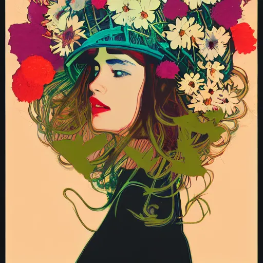 Image similar to a beautiful painting of a girl in a field of flowers with a helmet by andy warhol and conrad roset and alphonse mucha and nekro. in style of digital art. colorful comic, film noirs, symmetry, sharp lines, hyper detailed. octane render. trending on artstation