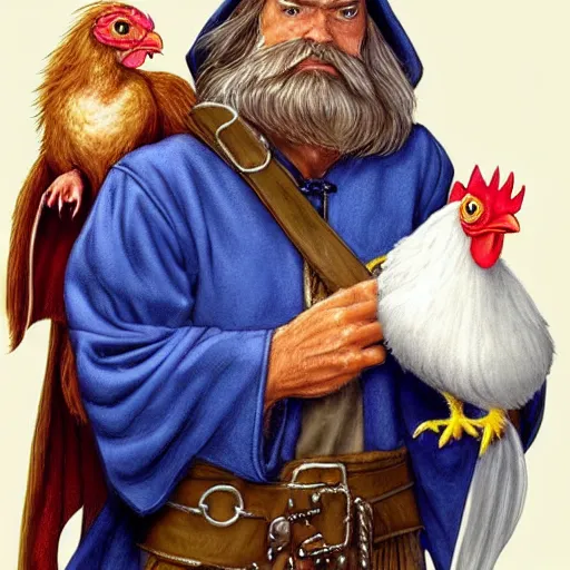 Image similar to concept art character design portrait of wizard with a long white beard and a wizard hat holding a pet chicken, wearing a blue robe, dungeons and dragons, by Larry Elmore and John Howe and Alan Lee, trending on ArtStation, detailed, realistic