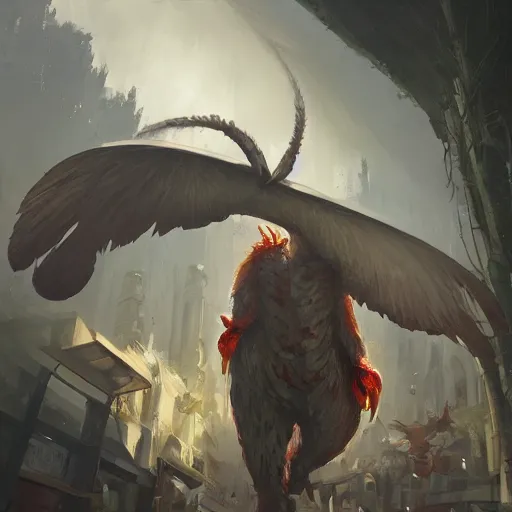 Image similar to digital painting of an supermarket shopping elegant but deadly chicogriff, griffin chicogriff hybrid monster, by Greg Rutkowski, magic the gathering concept art, trending on artstation, 4k resolution, ((in a super market Costco))