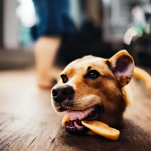 Prompt: photo of cute dog eating bagles from mesh bag, shallow depth of field, cinematic, 8 0 mm, f 1. 8