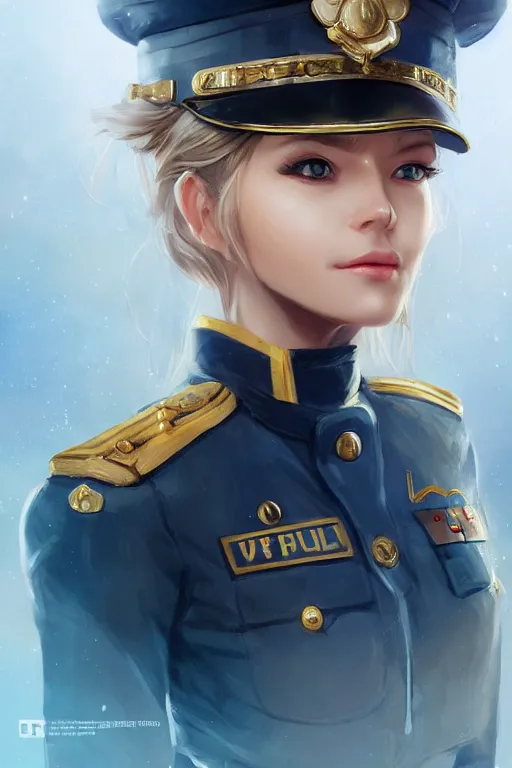 Image similar to beautiful portrait of a female officer wearing a fancy naval uniform, art by wlop and artgerm, science fiction, detailed eyes, blonde hair, space background, trending on artstation, sharp focus, illustration, caustics, octane render, 4 k, radiant light