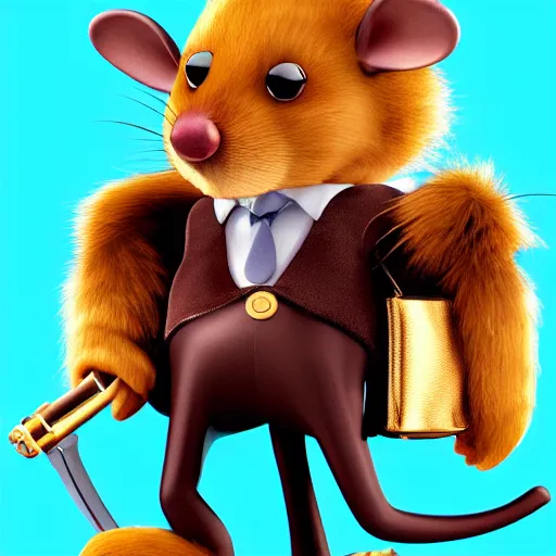 Image similar to 3d anthropomorphic rat, disney pixar, holding tommy gun, velvet, fur coat, high quality, golden necklace, fendi, high fashion