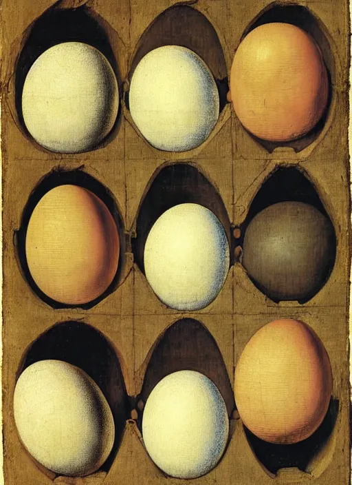 Prompt: carton of eggs with round humpty dumpty silly facial expressions, realistic, by hieronymus bosch and pieter brueghel