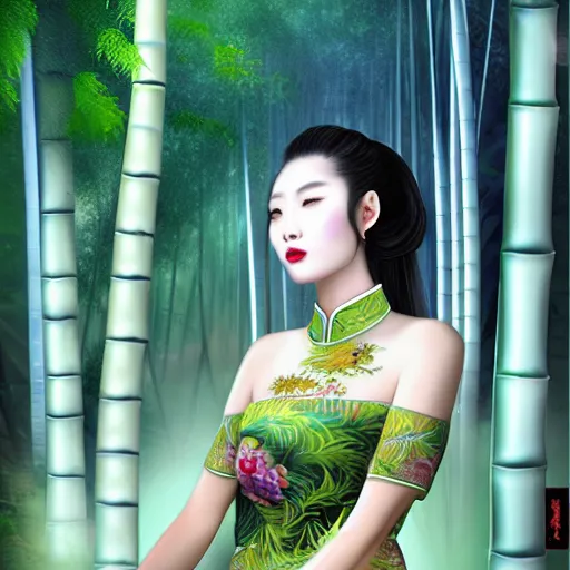 Image similar to photorealistic dramatic fantasy digital painting of a beautiful chinese woman wearing a qipao who is partially transforming into a werepanda, in the moonlit bamboo forest at night. physiological transformation ; hybrid creature that is half panda and half human. highly - detailed professional art.