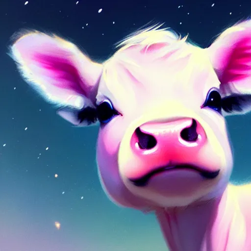 Image similar to very cute baby cow thinks about the cosmic multiverse, close up, anatomically correct, high detailed face, by ilya kuvshinov, greg rutkowski and makoto shinkai, trending on artstation