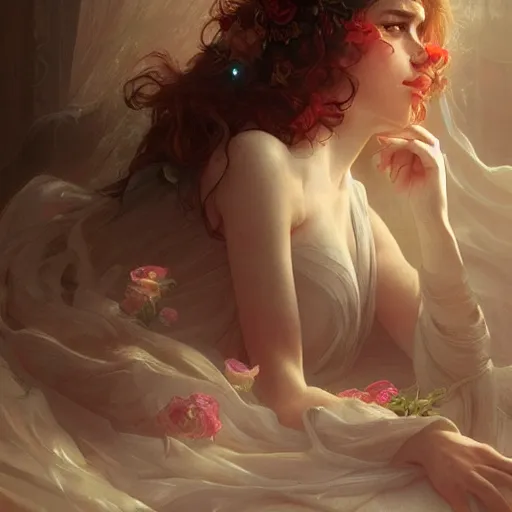 Prompt: Roses lying on a silk cloth, fog, volumetric lightin, intricate, elegant, highly detailed, digital painting, artstation, concept art, smooth, sharp focus, illustration, art by artgerm and greg rutkowski and alphonse mucha