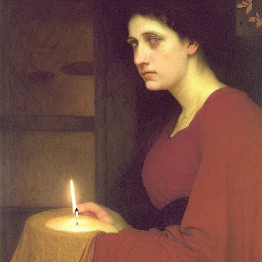 Image similar to a renaissance oil painting portrait by alma tadema of a mourning widow crying in sorrow in a dark room surrounded by candles, colourful pastel, detailed academic bouguereau, sharp focus