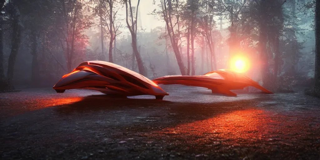 Prompt: futuristic giant starship, in the woods, puddles of water, stunning volumetric lighting, sundown, trending on Artstation, 8k, photorealistic, hyper detailed, unreal engine 5, cinematic, epic lighting, cryengine, octane render, cyberpunk, red and orange glow, dark, gloomy