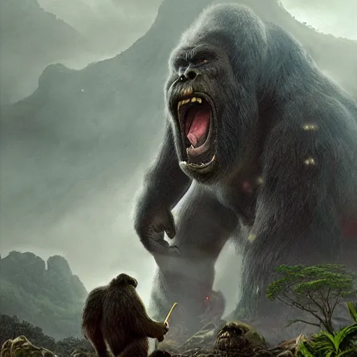 Image similar to King Kong in the Dangerous Skull Island, fantasy art, in the style of greg rutkowski, illustration, epic, fantasy, intricate, hyper detailed, artstation, concept art, smooth, sharp focus, ray tracing