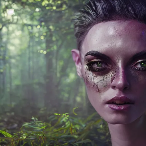 Image similar to A hyper real comic book style portait painting of a beautiful alien creature in the woods, unreal 5, hyperrealistic, octane render, cosplay, RPG portrait, dynamic lighting